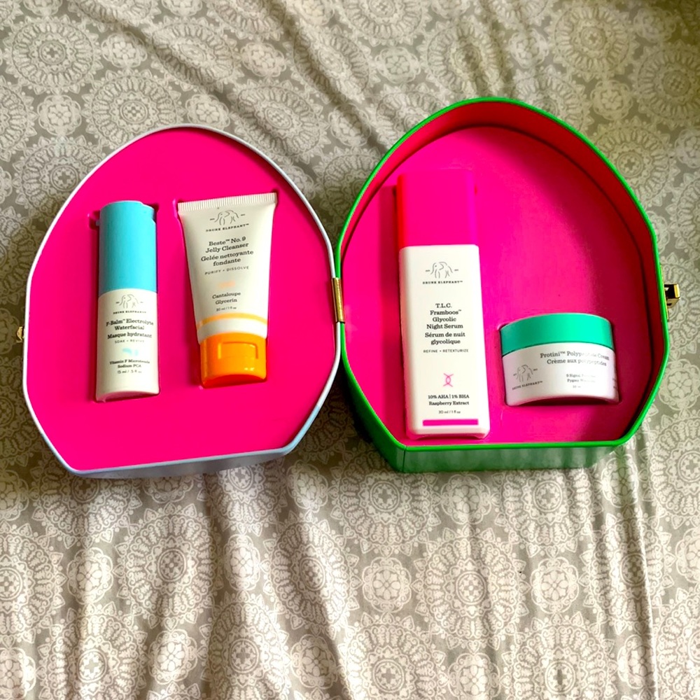 Drunk elephant set selling pretty cheap because I drew on the metal packaging